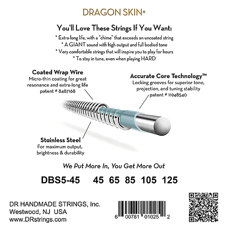 DR Strings Dragon Skin+ Coated Accurate Core Technology -String Stainless Steel Bass Strings
