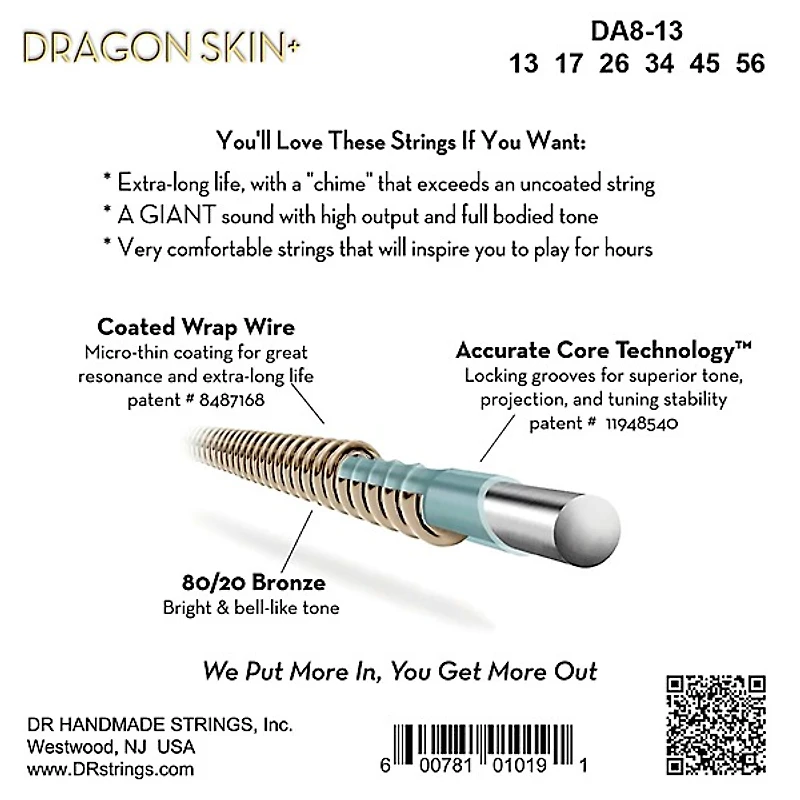 DR Strings Dragon Skin+ Coated Accurate Core Technology 6-String 80/20 Acoustic Guitar Strings