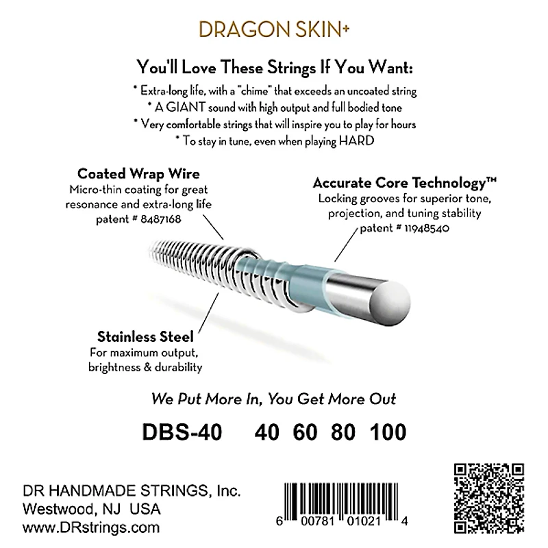 DR Strings Dragon Skin+ Coated Accurate Core Technology 4-String Stainless Steel Bass Strings