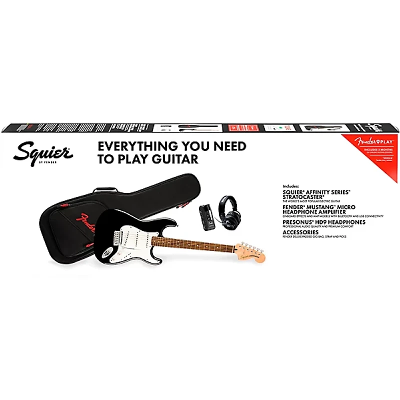 Squier Affinity Series Stratocaster Electric Guitar Pack With Fender Mustang Micro Black