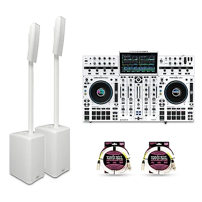 QSC KC12 3,000W Active 3-Way Column Speaker Pair With Denon PRIME 4+ Standalone DJ Controller & Cables - White