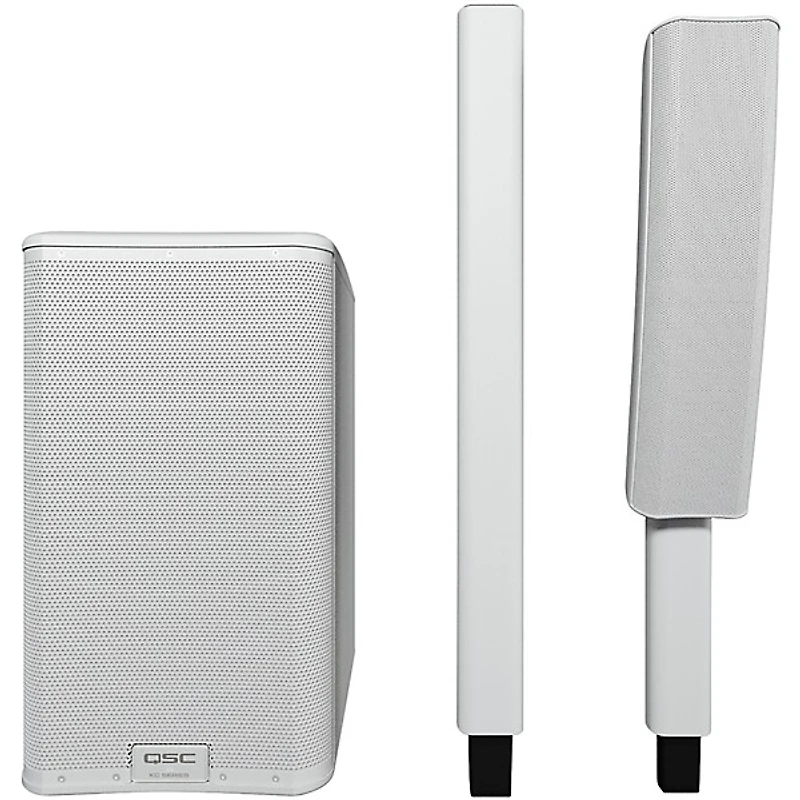 QSC KC12 3,000W Active 3-Way Column Speaker Pair With Denon PRIME 4+ Standalone DJ Controller & Cables - White