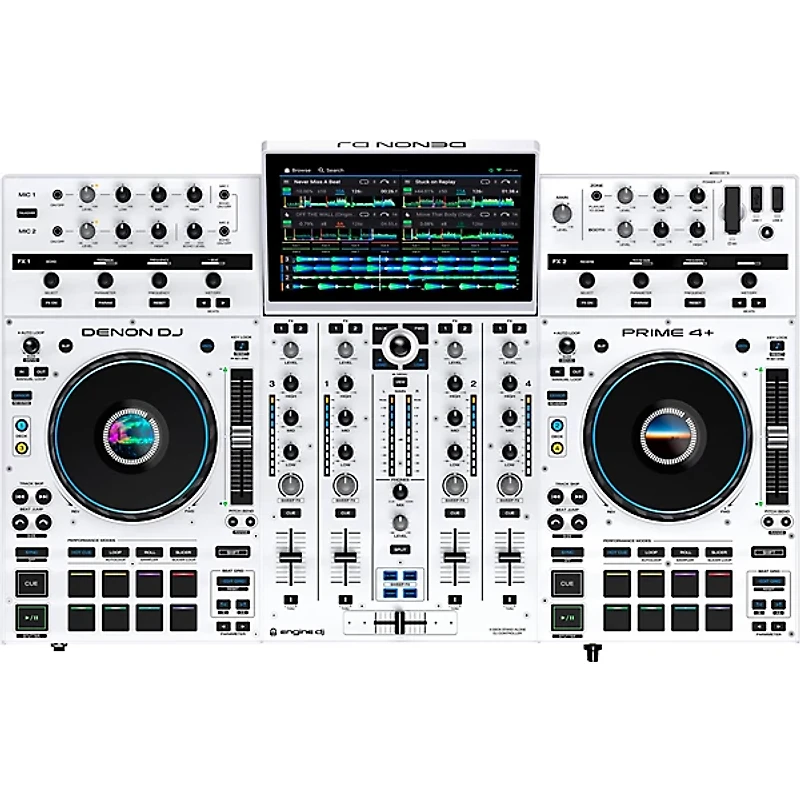 QSC KC12 3,000W Active 3-Way Column Speaker Pair With Denon PRIME 4+ Standalone DJ Controller & Cables - White