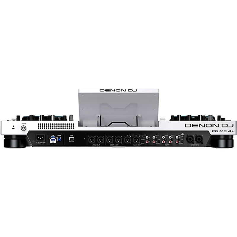 QSC KC12 3,000W Active 3-Way Column Speaker Pair With Denon PRIME 4+ Standalone DJ Controller & Cables - White