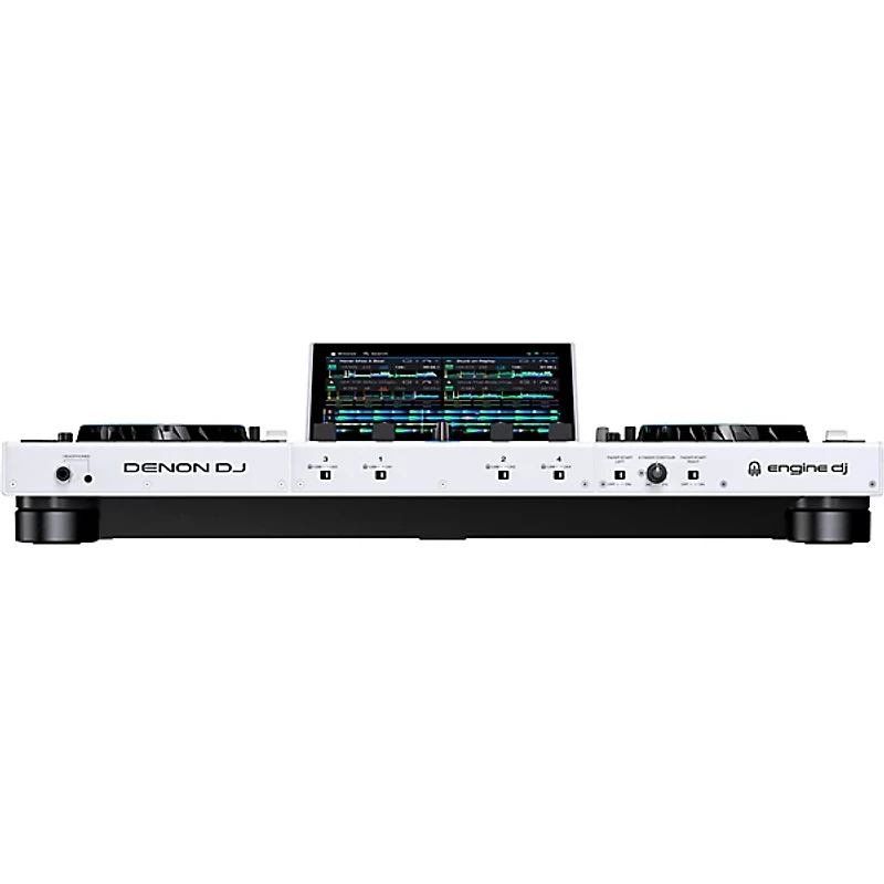 QSC KC12 3,000W Active 3-Way Column Speaker Pair With Denon PRIME 4+ Standalone DJ Controller & Cables - White
