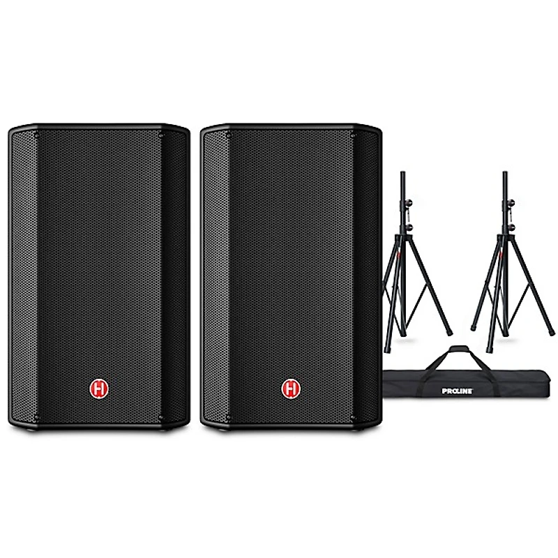 Harbinger VARI V1112 12" Powered Speakers Pair With Speaker Stands