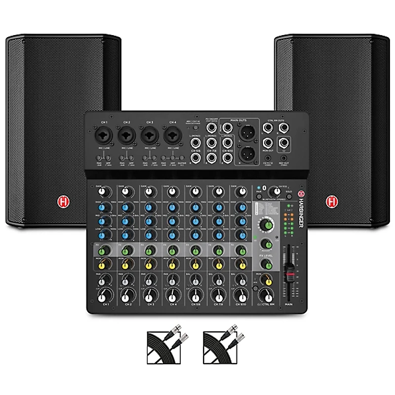 Harbinger VARI V1112 12" Powered Speakers Package With LV12 Mixer & Cables