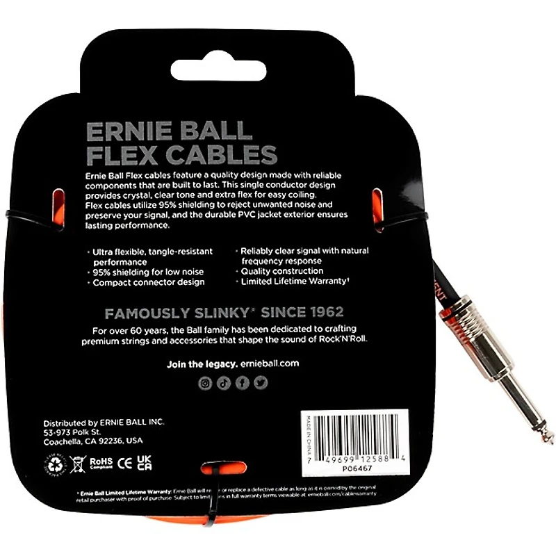 Ernie Ball Flex Straight to Angle Instrument Cable 20 ft. Orange