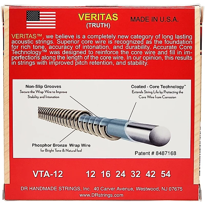DR Strings VERITAS Uncoated Accurate Core Technology Acoustic Guitar Strings 3-Pack Light (12-54)