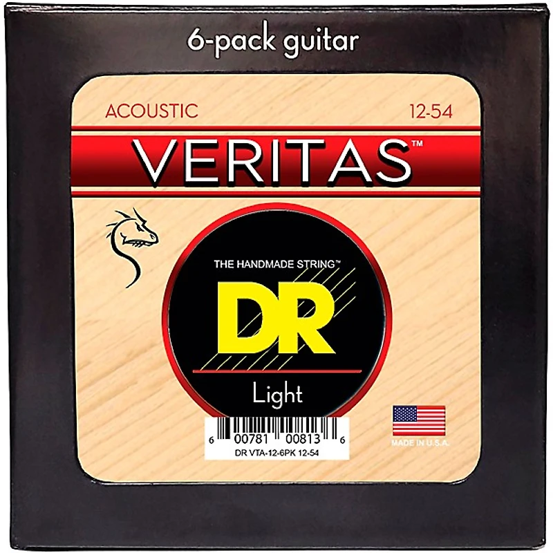 DR Strings VERITAS Uncoated Accurate Core Technology Acoustic Guitar Strings 6-Pack