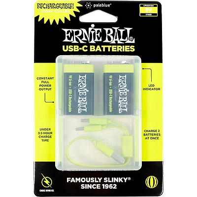 Ernie Ball USB-C Rechargeable Battery 9V (2-Pack)