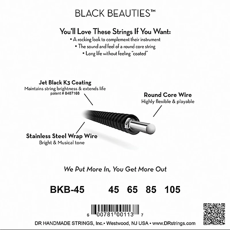 DR Strings BKB-45 Black Beauties Medium 4-String Bass Strings 4 Pack