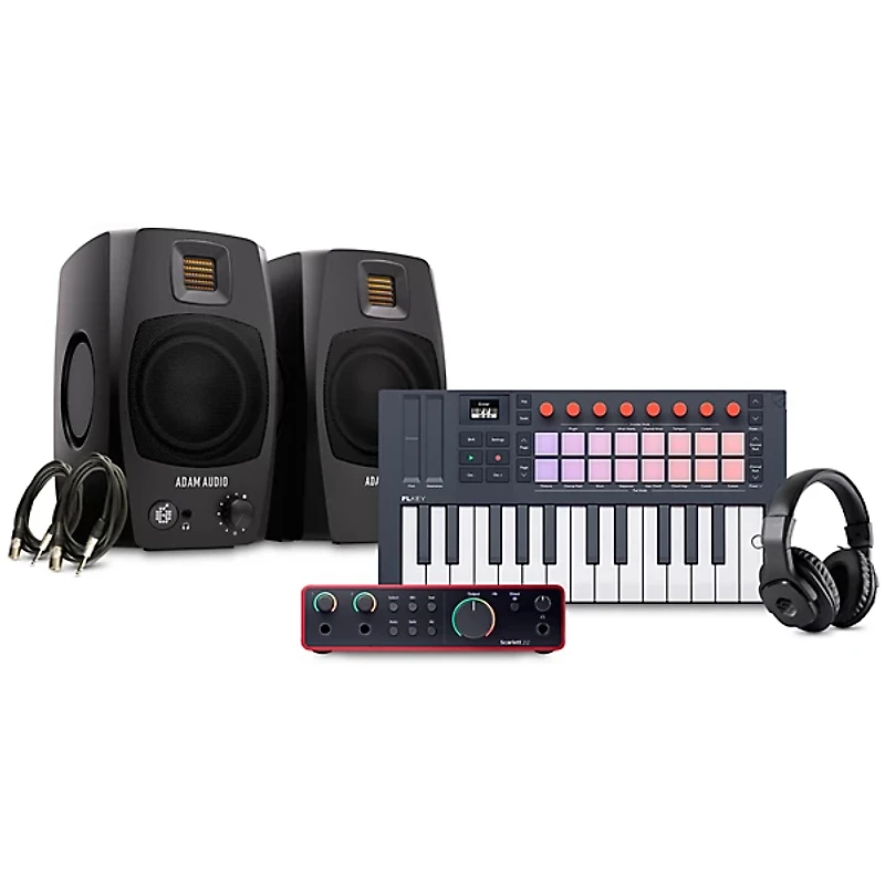 Novation FLkey 2 Keyboard Controller With Focusrite 2i2 USB Audio Interface & Adam Audio D3V 3" Studio Monitor Pair Package (Cables & Headphones Included) -