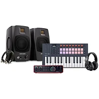 Novation FLkey 2 Keyboard Controller With Focusrite 2i2 USB Audio Interface & Adam Audio D3V 3" Studio Monitor Pair Package (Cables & Headphones Included) -
