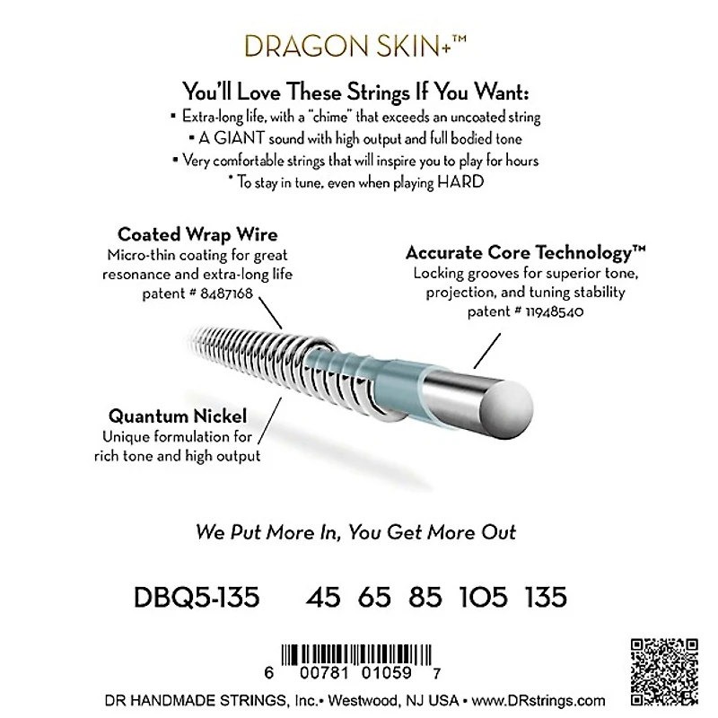 DR Strings Dragon Skin+ Quantum Coated Accurate Core Technology 5-String Electric Bass Strings (45-135)