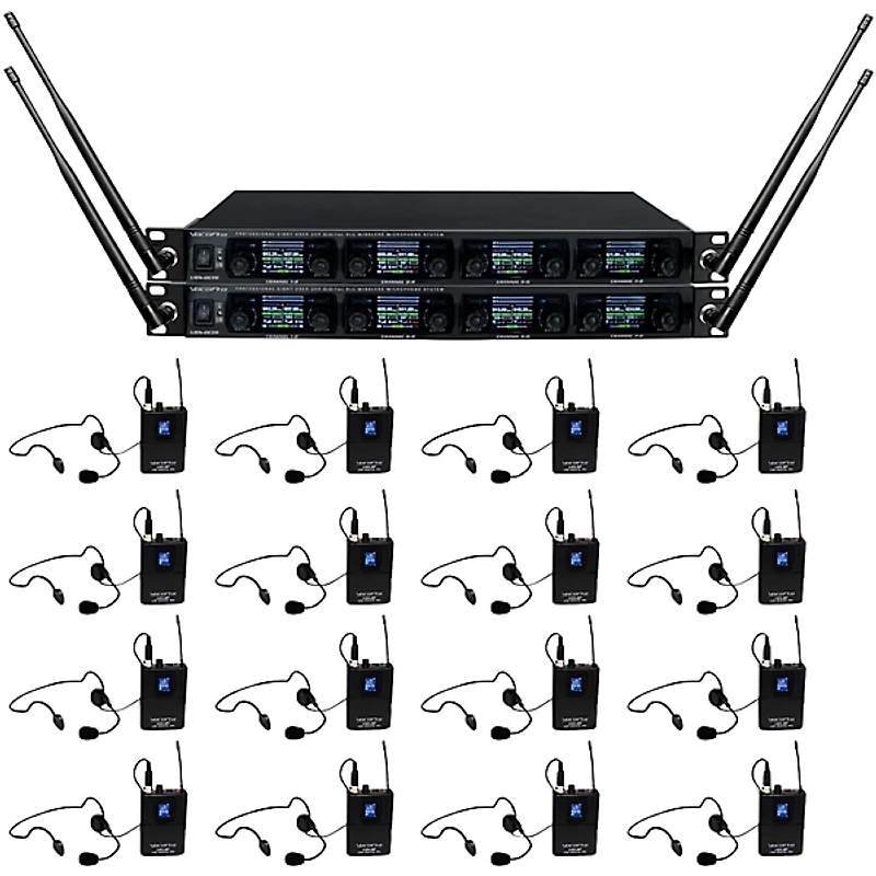 VocoPro UDX-PLAY-16 Digital UHF PLL Wireless Headset Microphone System - 16 Headsets