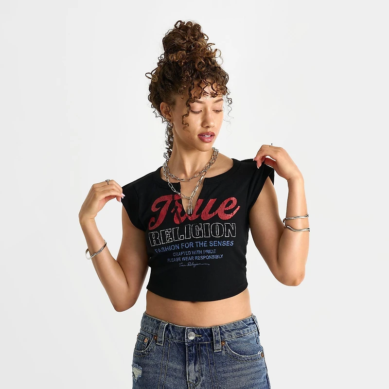 Women's True Religion Vintage Logo V Notch Baby T-Shirt