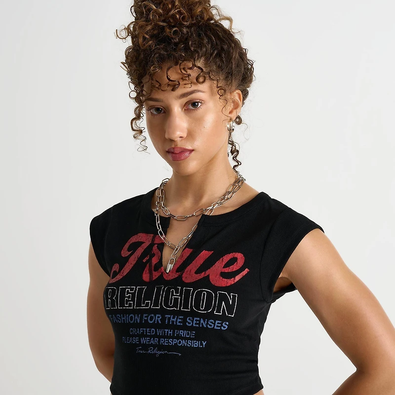 Women's True Religion Vintage Logo V Notch Baby T-Shirt