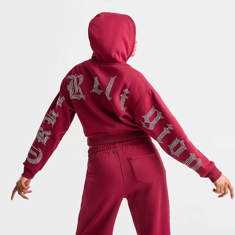 Women's True Religion Crystal Script Logo Shrunken Full-Zip Cropped Hoodie