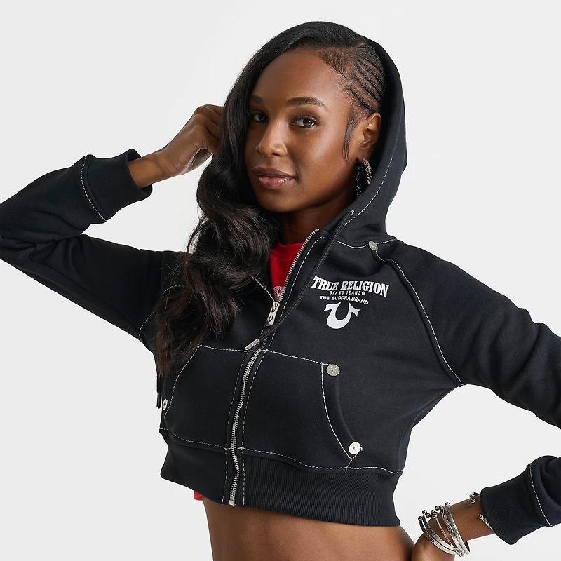 Women's True Religion Crystal Wing Shrunken Full-Zip Cropped Hoodie