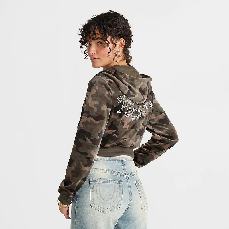 Women's True Religion Camo Velour Shrunken Full-Zip Hoodie