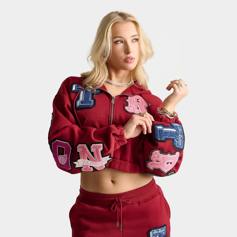 Women's True Religion Crystal Patch Girlfriend Cropped Full-Zip Hoodie