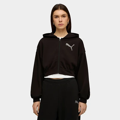 Women's Puma Essentials Graphics Bedazzled Cropped Full-Zip Hoodie