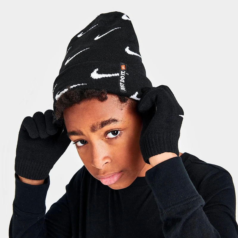 Kids' Nike Swoosh Repeat Allover Print Beanie and Gloves Set