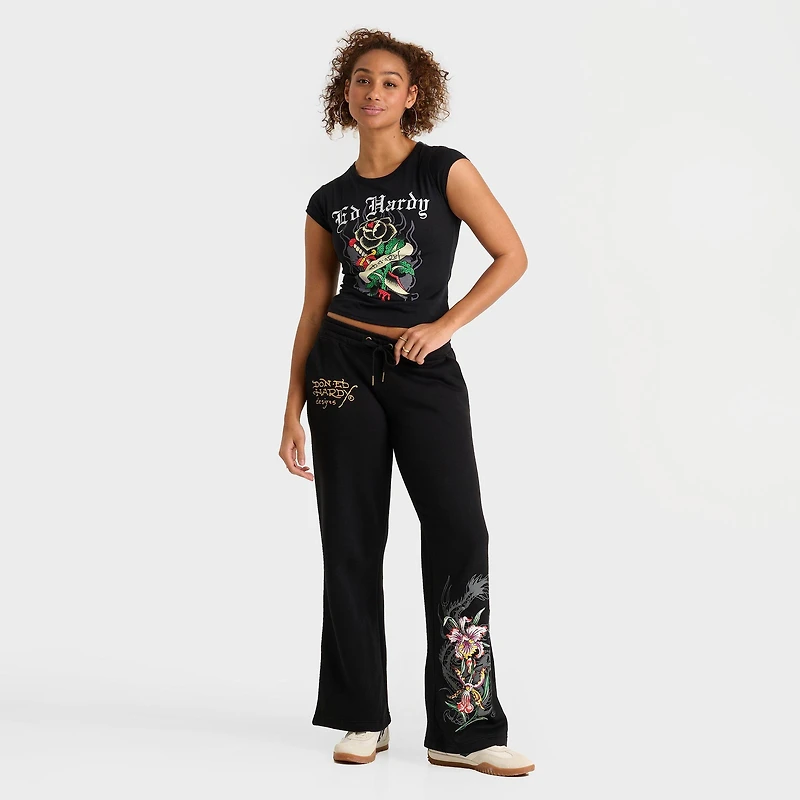 Women's Ed Hardy Black Rose Rhinestone Capped-Sleeve Baby T-Shirt