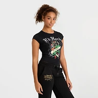 Women's Ed Hardy Black Rose Rhinestone Capped-Sleeve Baby T-Shirt
