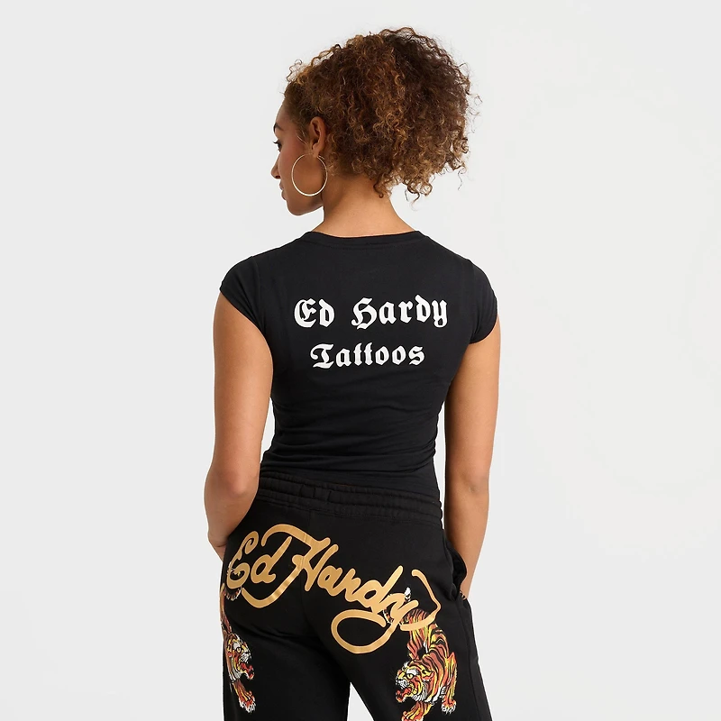 Women's Ed Hardy Black Rose Rhinestone Capped-Sleeve Baby T-Shirt