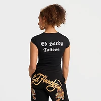 Women's Ed Hardy Black Rose Rhinestone Capped-Sleeve Baby T-Shirt