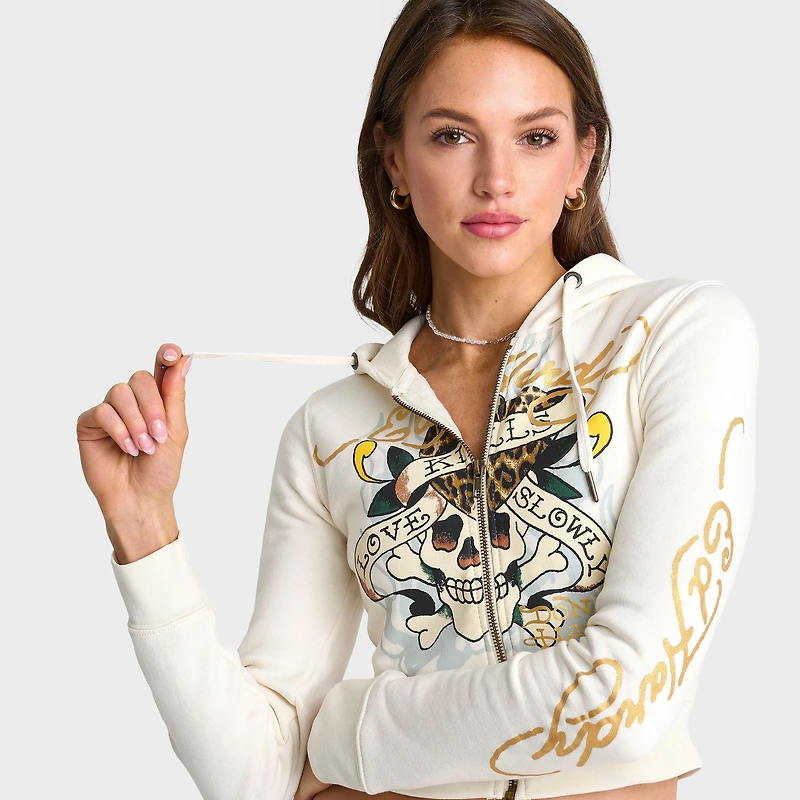 Women's Ed Hardy "Love Kills Slowly" Cropped Full-Zip Fleece Hoodie