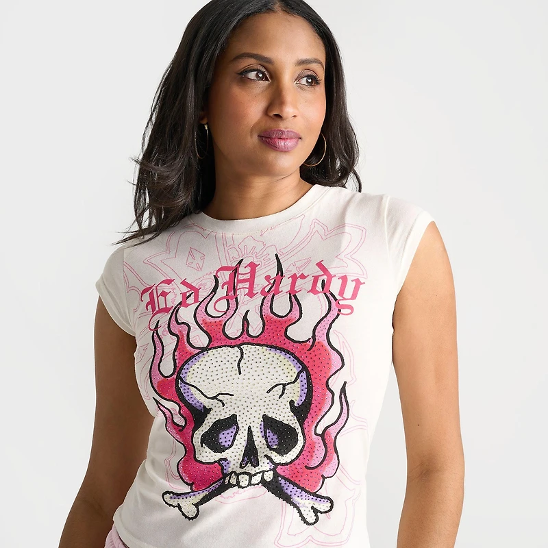 Women's Ed Hardy Rhinestone Panther Cap T-Shirt