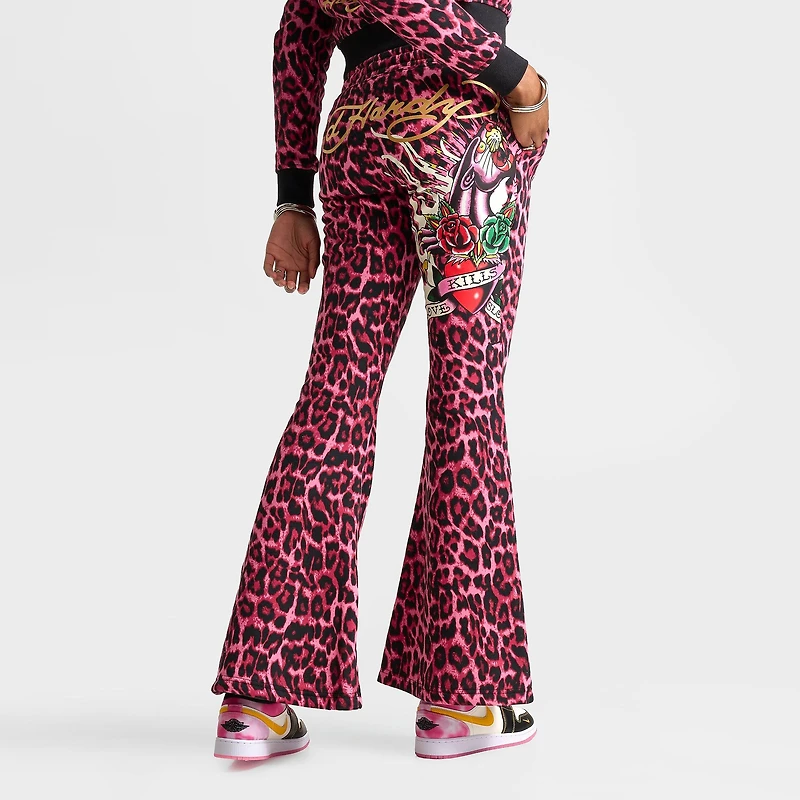Women's Ed Hardy Pink Panther Leopard Bootcut Fleece Pants