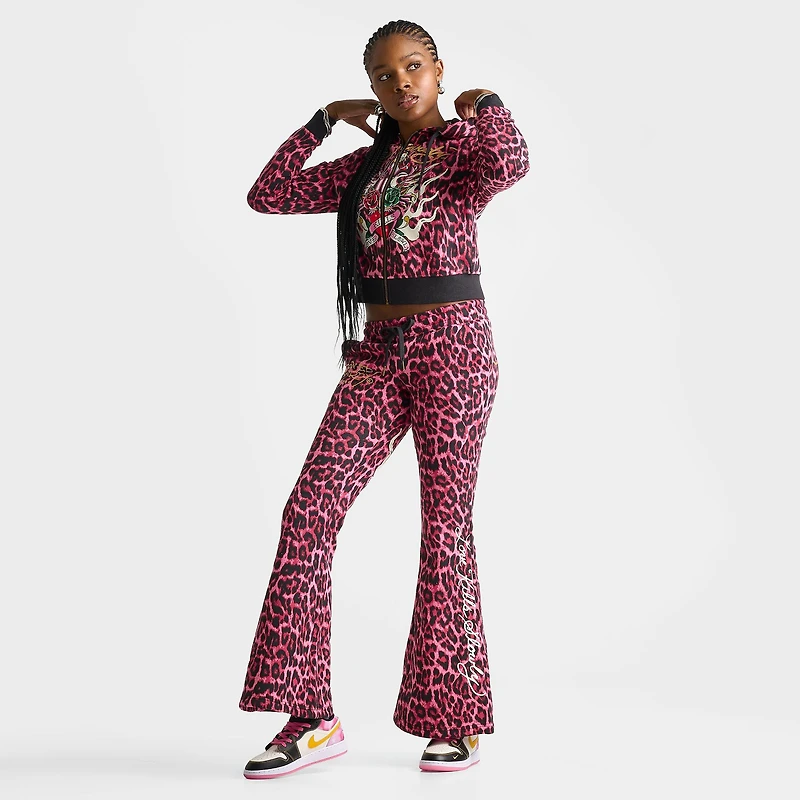 Women's Ed Hardy Pink Panther Leopard Bootcut Fleece Pants