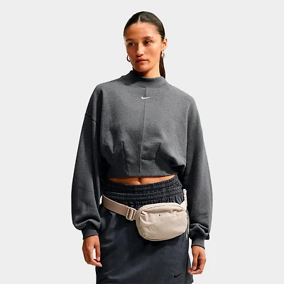 Women's Nike Studio Fleece Lightweight French Terry Oversized Cropped Pleated Crewneck Sweatshirt