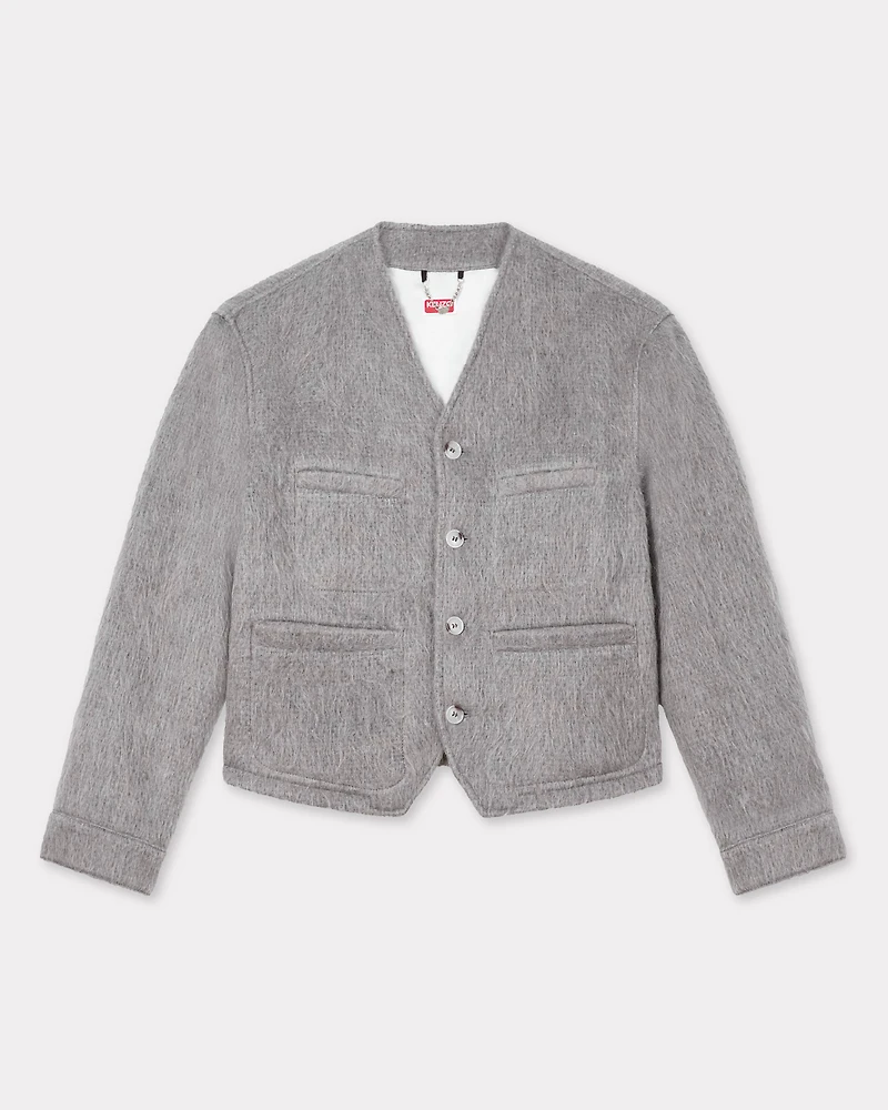 Collarless jacket hairy wool alpaca and mohair