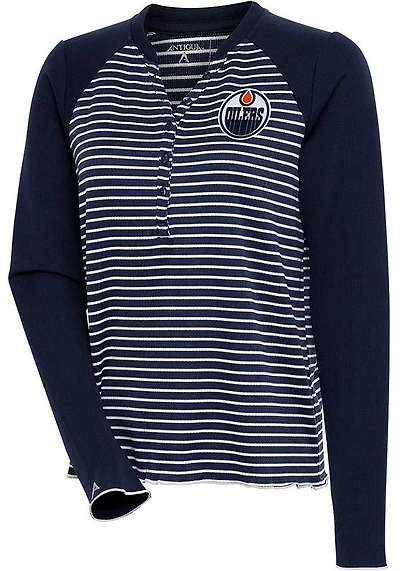 Antigua Edmonton Oilers Womens Navy Blue Maverick Henley LS Tee