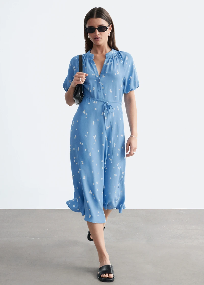 brandy midi dress BRANDY Blue Stretchy Floral Smoked Midi Dress