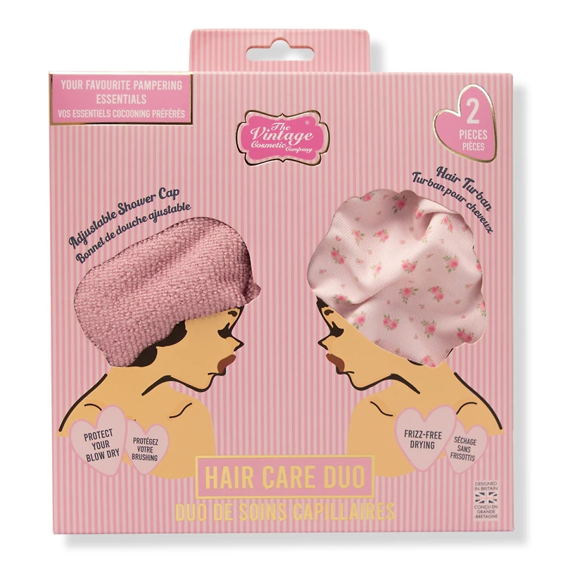 The Vintage Cosmetic Company Ditsy Rose Printed Reusable Shower Cap & Hair Towel Set