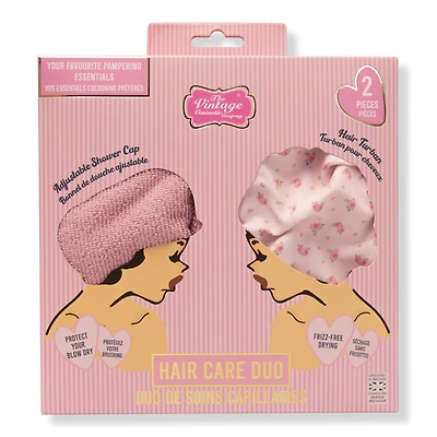 The Vintage Cosmetic Company Ditsy Rose Printed Reusable Shower Cap & Hair Towel Set