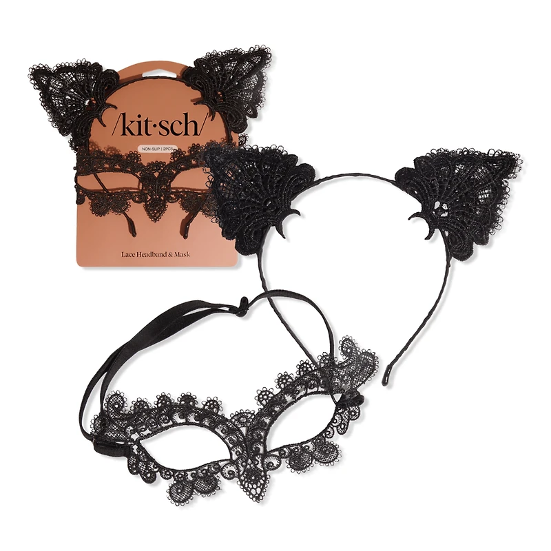 Kitsch Lace Headband & Mask 2 Piece Set - Black Cat
