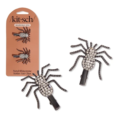 Kitsch Metal Rhinestone Hair Clips 2 Piece Set - Spider