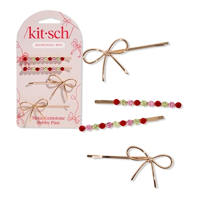 Kitsch Metal Gemstone and Bow Bobby Pins 4 Piece Set
