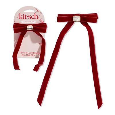 Kitsch Velvet & Gemstone Bow Hair Clip