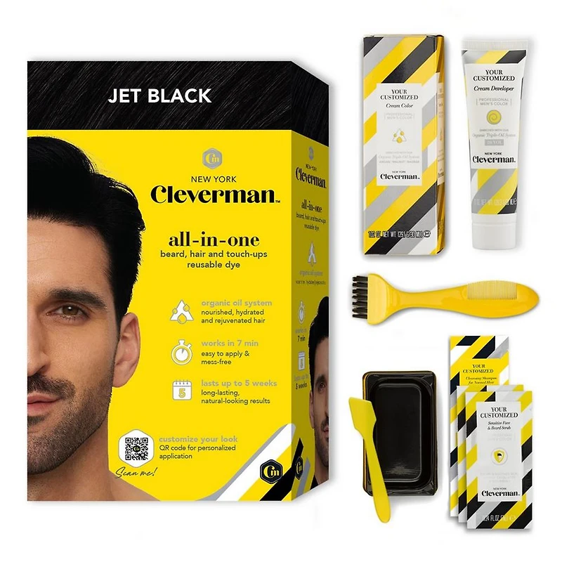 Cleverman All-In-One Beard, Hair & Touch Ups Reusable Dye Kit for Men –Natural-Looking Gray Coverage