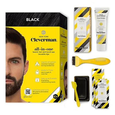 Cleverman All-In-One Beard, Hair & Touch Ups Reusable Dye Kit for Men –Natural-Looking Gray Coverage