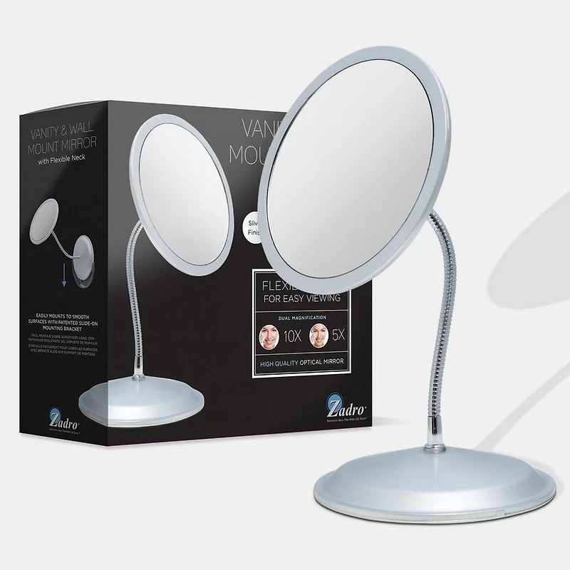 Zadro Gooseneck Wall Mounted Makeup Mirror with 10X/5X - Silver