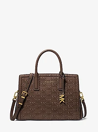 Laila Medium Logo Embossed Burnished Leather Satchel